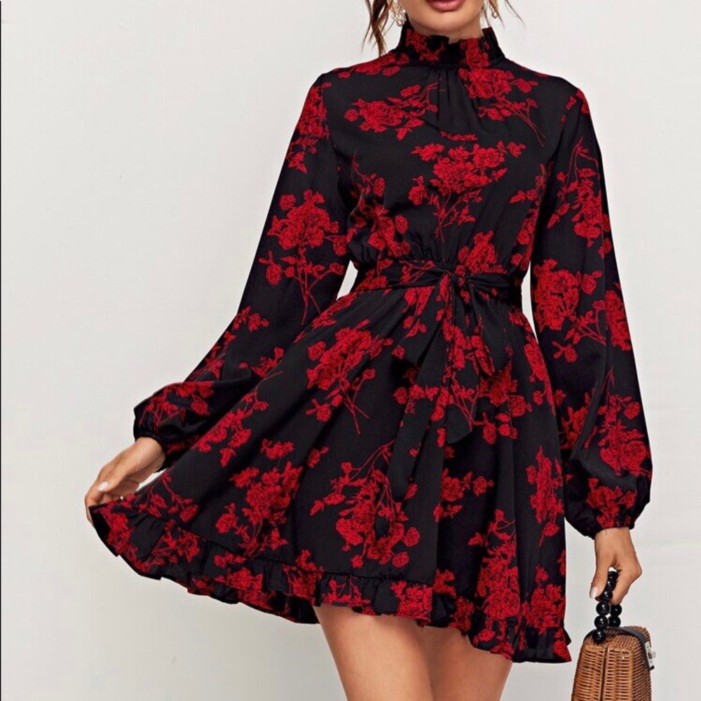 Red and white floral dress, no back
